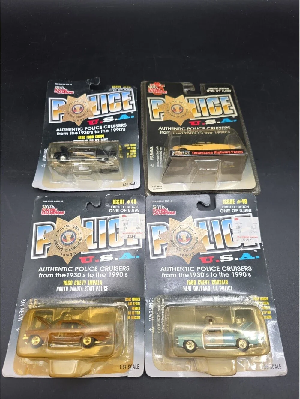 Lot Of 4 Racing Champions Police USA 1:64 Diecast Impala Corvair Ford Coupe